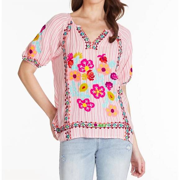 Tru Luxe Embroidered Smocked Collar Top